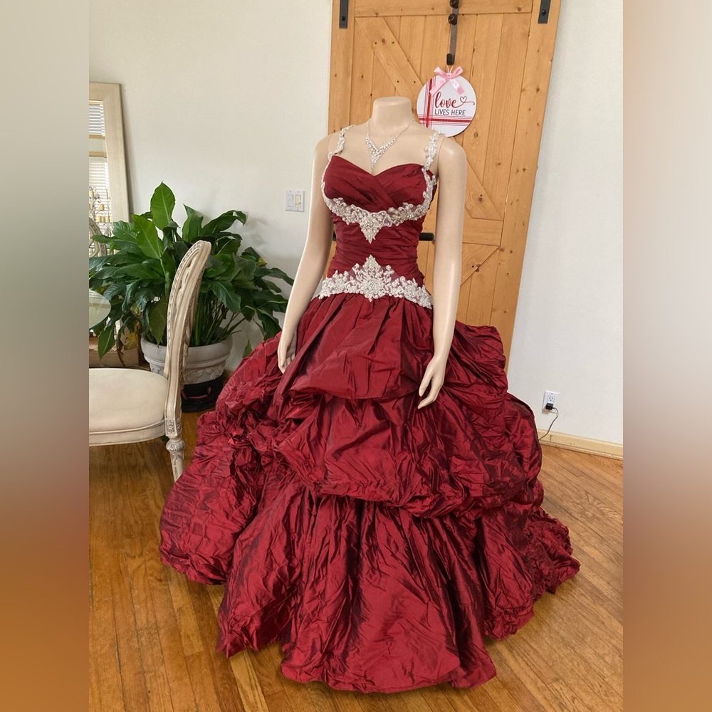 Elegant Burgundy Ball Gown Wedding Dress with Crystal Appliqué